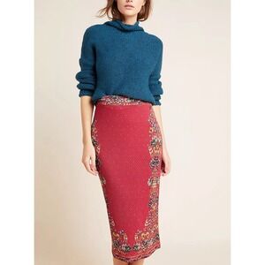 Farm Rio Catalina Knit Pencil Skirt Anthropologie Red Floral Waffle Knit S